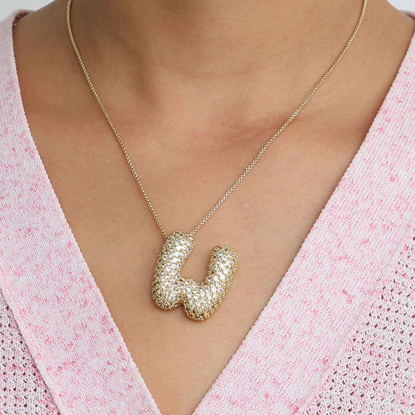 18K Gold Bubble Initial Diamond Necklace