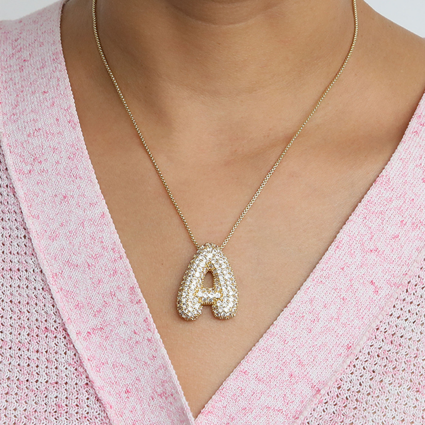18K Gold Bubble Initial Diamond Necklace
