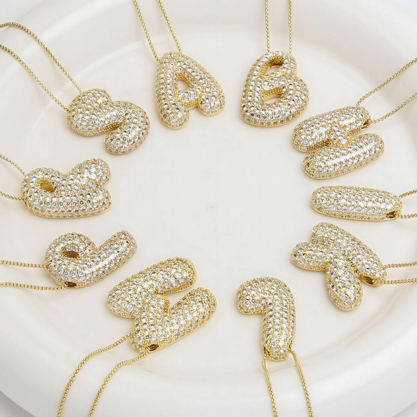 18K Gold Bubble Initial Diamond Necklace